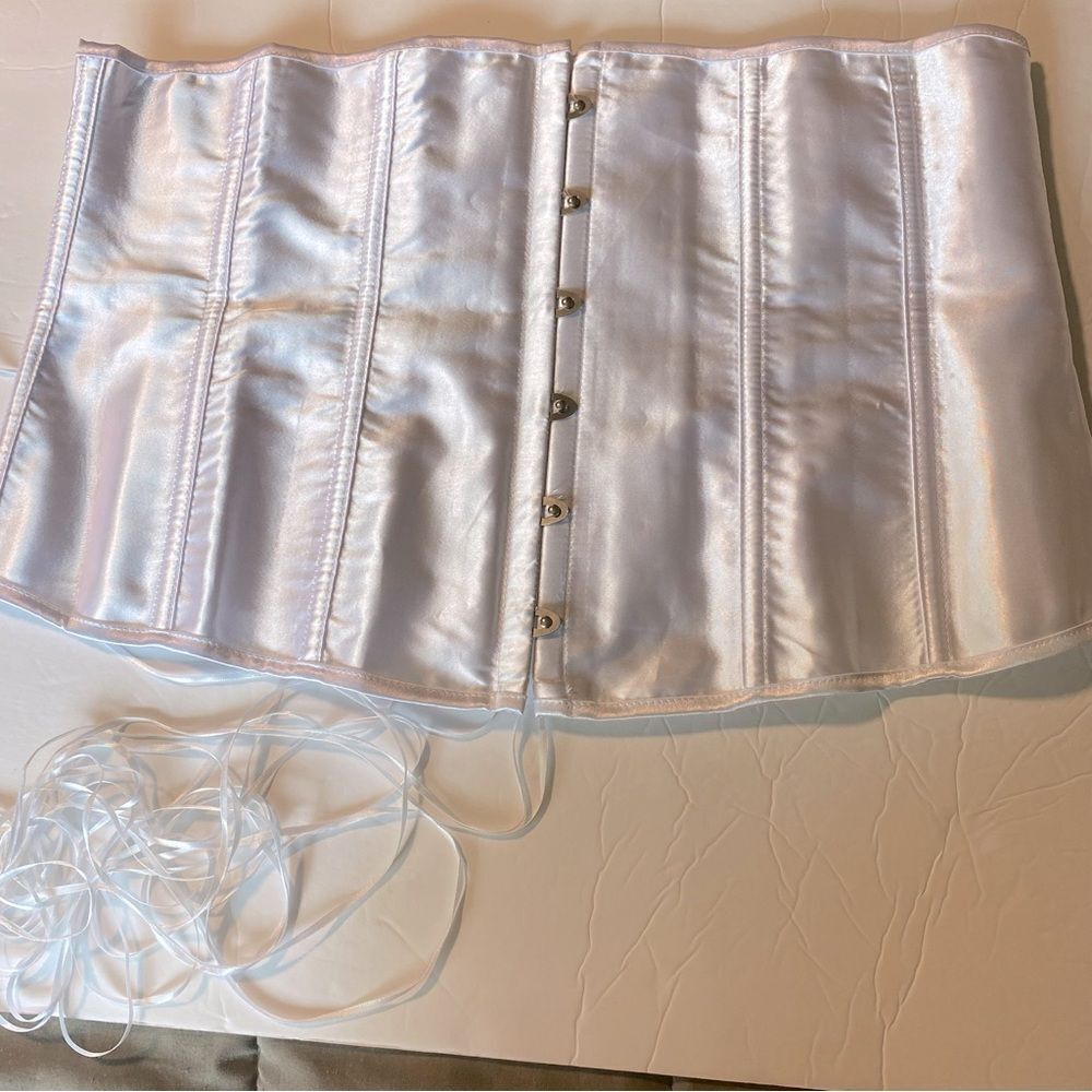 White lace up satin ribbed Overbust corset costume dress up wedding cosplay 4XL - Picture 6 of 8